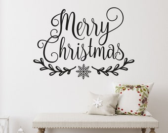 Christmas Wall Decal, Merry Christmas, Modern Farmhouse Decor, Hand drawn style quote decal, works on windows - LK163