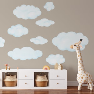 Cloud Wall Decals, Set of 9 Fluffy Clouds, Watercolor Wall Stickers for Nursery Classroom or Playroom, Great for boho bedroom decor - WB083