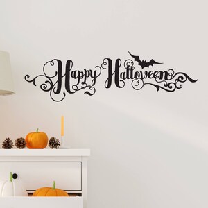 Happy Halloween Wall Decal - Handwritten Style - Halloween Wall Decal - with Bats and Scrolls - WB906