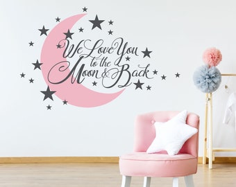 We Love You to the Moon and Back Wall Decal Quote in Handwritten