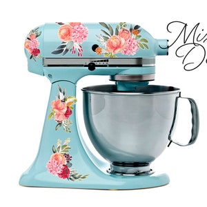 Coral & Red Watercolor Floral Stand Mixer Decal set, fits KitchenAid or other Kitchen mixer brands, incl. 6 small floral stickers - WBMIX002