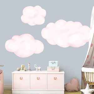 Fluffy Clouds Wall Decals 3-pack, Boho Watercolor Wall Stickers for Nursery, Playroom, Bedroom, Pink Purple Blue Aqua or White - WB414