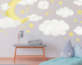 Moon Clouds & Stars Nursery Wall Decal, Night Sky reusable fabric wall decals for Baby Room Decor, Perfect for baby shower decoration WB1618
