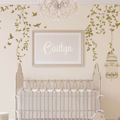 Hanging Vines Floral Wall Decals Set With Birdcage Birds Etsy