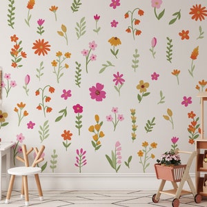 Wildflower Wall Decals, Nursery Decor, Watercolor Floral Wall Art, Daisy Wall Decal, Reusable and Removable Flower Wall Stickers WB077 image 1