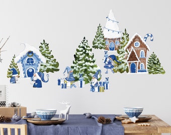 Blue Christmas Gnomes Wall Decals made from Peel & Stick Fabric Wall Decal Material, Reusable, Cute Office Christmas Decor - WB107B