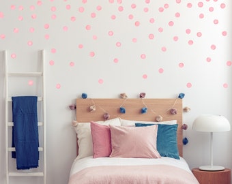 Pink Watercolor Polka Dot Wall Decals made from peel and stick printed fabric, hand painted style, irregular shapes, nursery decor - WBWDOTP