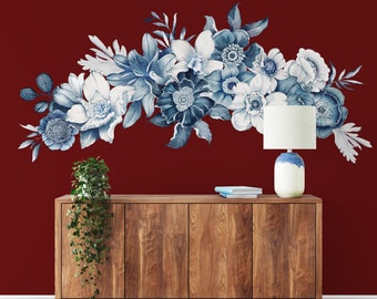 Vintage Blue Floral Wall Mural, Vintage Style Flower Wall Decals, Monochromatic Home Office Decor Wall Stickers - WB086