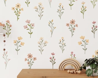 Flower Wall Decals, Boho Nursery Decor, Whimsical Wildflowers Baby Room, Daisy Wall Decal, Reusable and Removable Flower Wall Stickers WB078