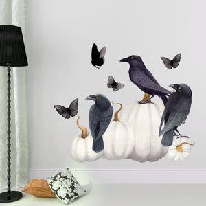 Black Ravens Halloween Wall Stickers - with white pumpkins - Halloween Wall Stickers - Handpainted Watercolor Design - WB913