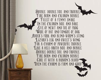 Double Double Toil and Trouble Halloween Wall Decal - The 3 Witches Chant from MacBeth - Halloween Wall Decal - with bats - WB911