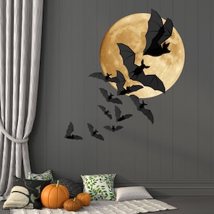 Bats and Moon Halloween Wall Decor - Full Moon and a Colony of Bats - Halloween Wall Decor - Peel and Stick Reusable Decals - WB912