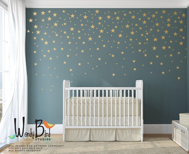Gold Stars Wall Decals Set for Nursery Decor, Easy Peel and Stick Application, removable, matte metallic finish looks like paint - WBSTRm 