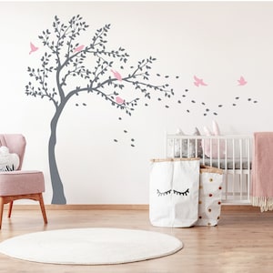 Large Nursery Tree Wall Decal with Birds, Great Woodland design for Girl Bedroom Decor or Playroom decor - WB094
