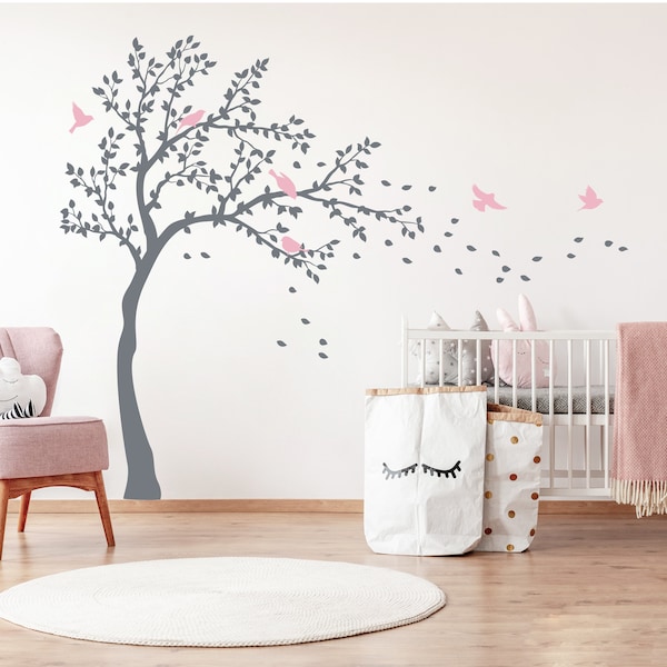 Large Nursery Tree Wall Decal with Birds, Great Woodland design for Girl Bedroom Decor or Playroom decor - WB094