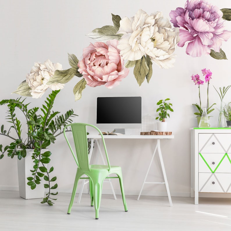 large peony wall decal set of 6 flower wall decals peel | etsy