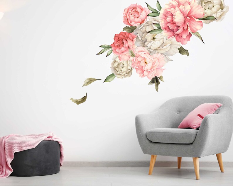 Set of 7 Coral Pink & White Peony Flower Wall Decals Etsy