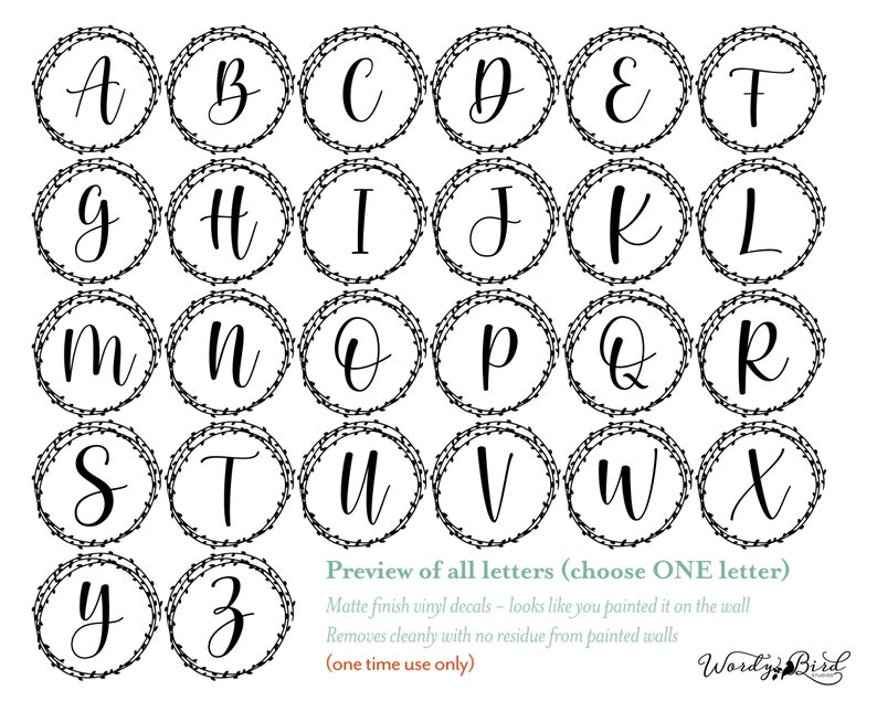 Single Letter Wall Decal Monogram With Laurel Wreath Great Etsy