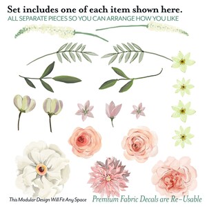 May include: A set of floral fabric decals featuring various flowers, leaves, and sprigs in shades of pink, white, and green. The decals are designed to be arranged in a custom pattern and are reusable.