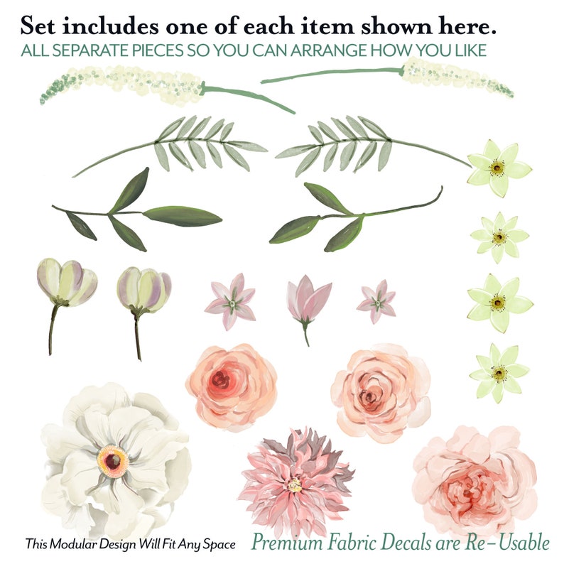 May include: A set of floral fabric decals featuring various flowers, leaves, and sprigs in shades of pink, white, and green. The decals are designed to be arranged in a custom pattern and are reusable.