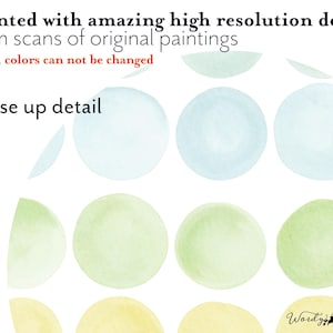 Puede incluir: C&iacute;rculos de acuarela en tonos pastel de azul, verde y amarillo. El texto dice: "Impreso con incre&iacute;bles detalles de alta resoluci&oacute;n a partir de escaneos de pinturas originales. Lo sentimos, los colores no se pueden cambiar. Primer plano." Logotipo de Wordy Bird.