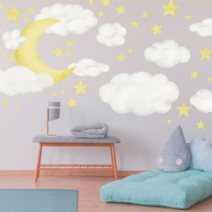 Moon Clouds & Stars Nursery Wall Decal, Night Sky reusable fabric wall decals for Baby Room Decor, Perfect for baby shower decoration WB1618
