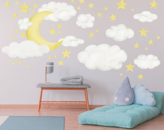 Moon Clouds & Stars Nursery Wall Decal, Night Sky reusable fabric wall decals for Baby Room Decor, Perfect for baby shower decoration WB1618