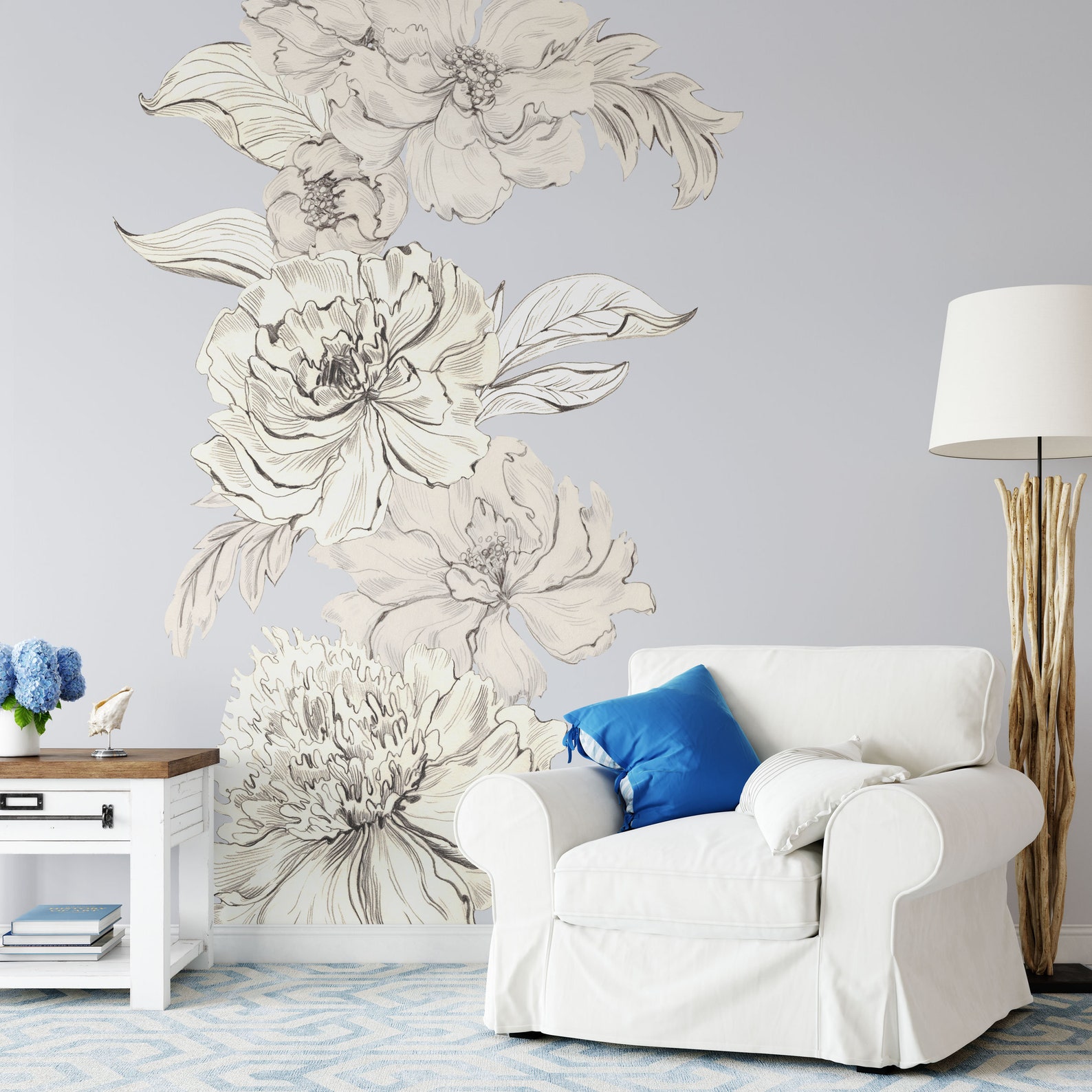 Black and White Floral Wall Decals Vintage Monochrome Sketch Etsy