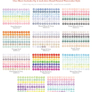 Puede incluir: Una hoja de calcoman&iacute;as de tela reutilizables de primera calidad con 84 puntos pintados a mano de 5 cm en estilo acuarela. Hay once combinaciones de colores disponibles, incluyendo arco&iacute;ris pastel, azules apagados y arco&iacute;ris brillante. El texto dice: "Todas las piezas separadas para que puedas organizarlas como quieras."
