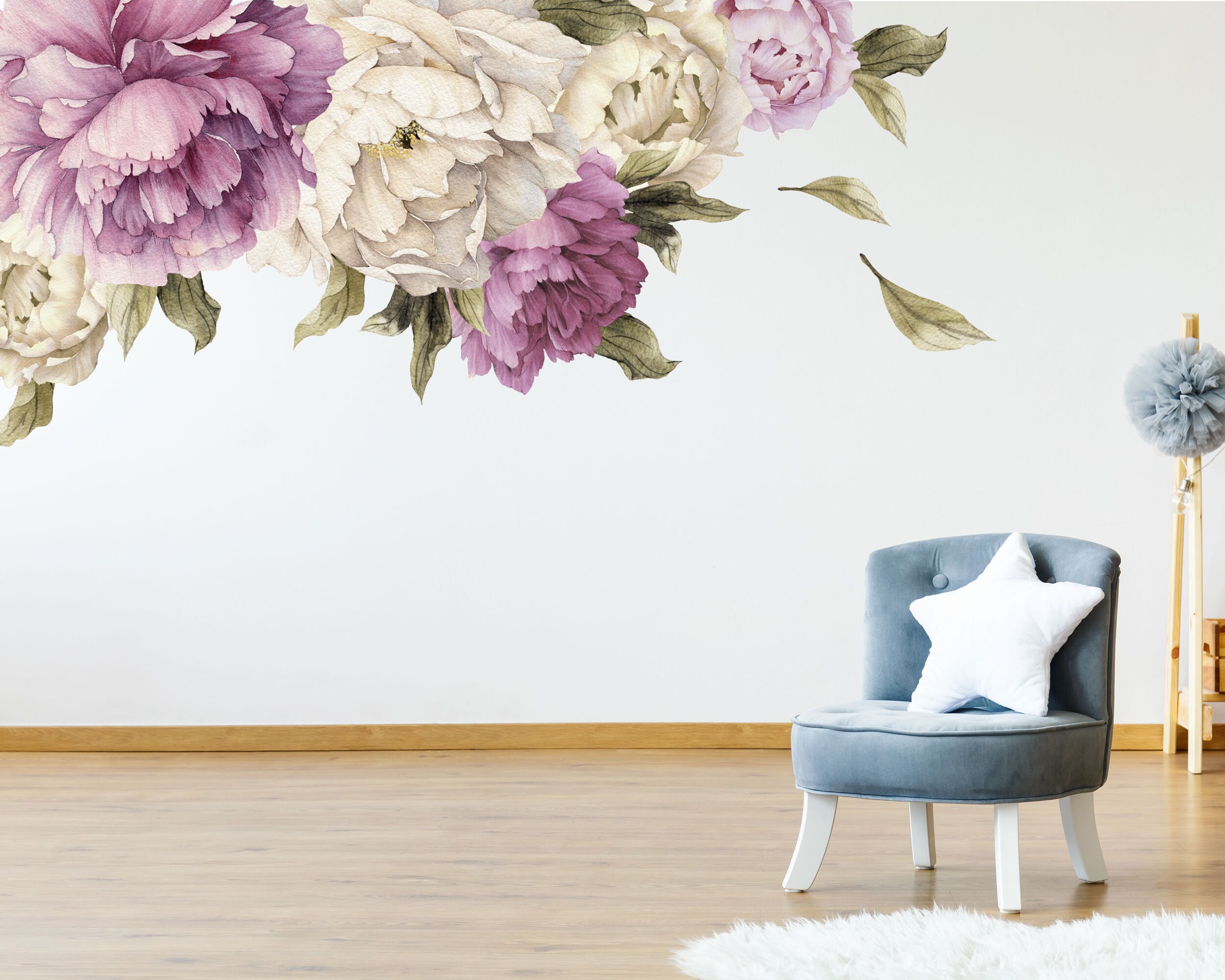 Set of 6 Purple & White Peony Flower Wall Decals Room Accent, Removable ...
