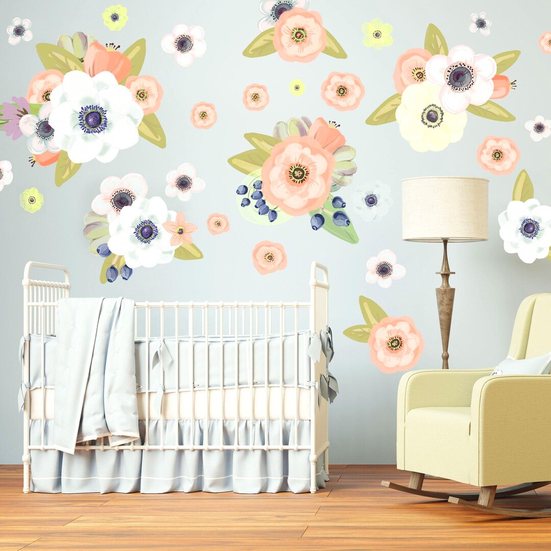 Floral Wall Decals – Cottage Hand-painted Style Nursery Art, Removable ...