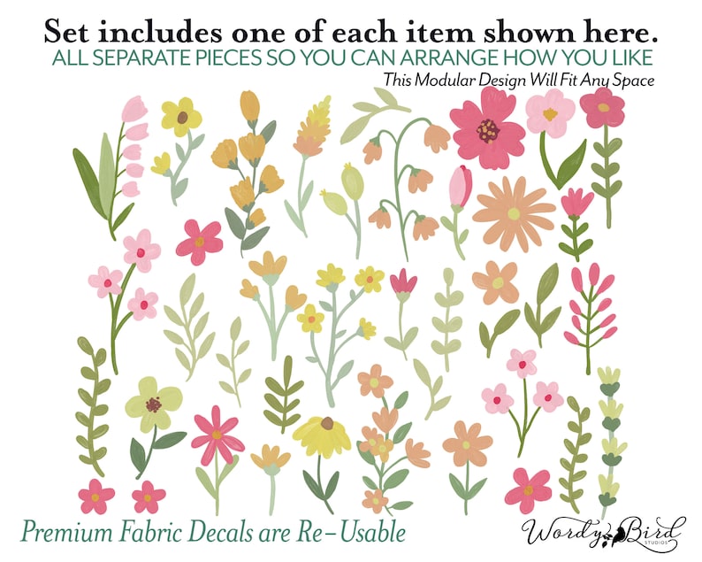 Wildflower Wall Decals Nursery Decor, Watercolor Floral Wall Art, Daisy Wall Decal, Reusable and Removable Flower Wall Stickers WB077B image 5