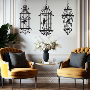 Gothic Home Decor, Goth Wall Decals, Vintage Style Birdcages with Ravens, Dark Nursery Design for the Goth Baby, Edgar Allen Poe - WB703