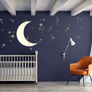 Moon and Starbursts Wall Decal Set, includes one Moon and 66 Star decals in assorted sizes, Great Space theme wall decor WB1616