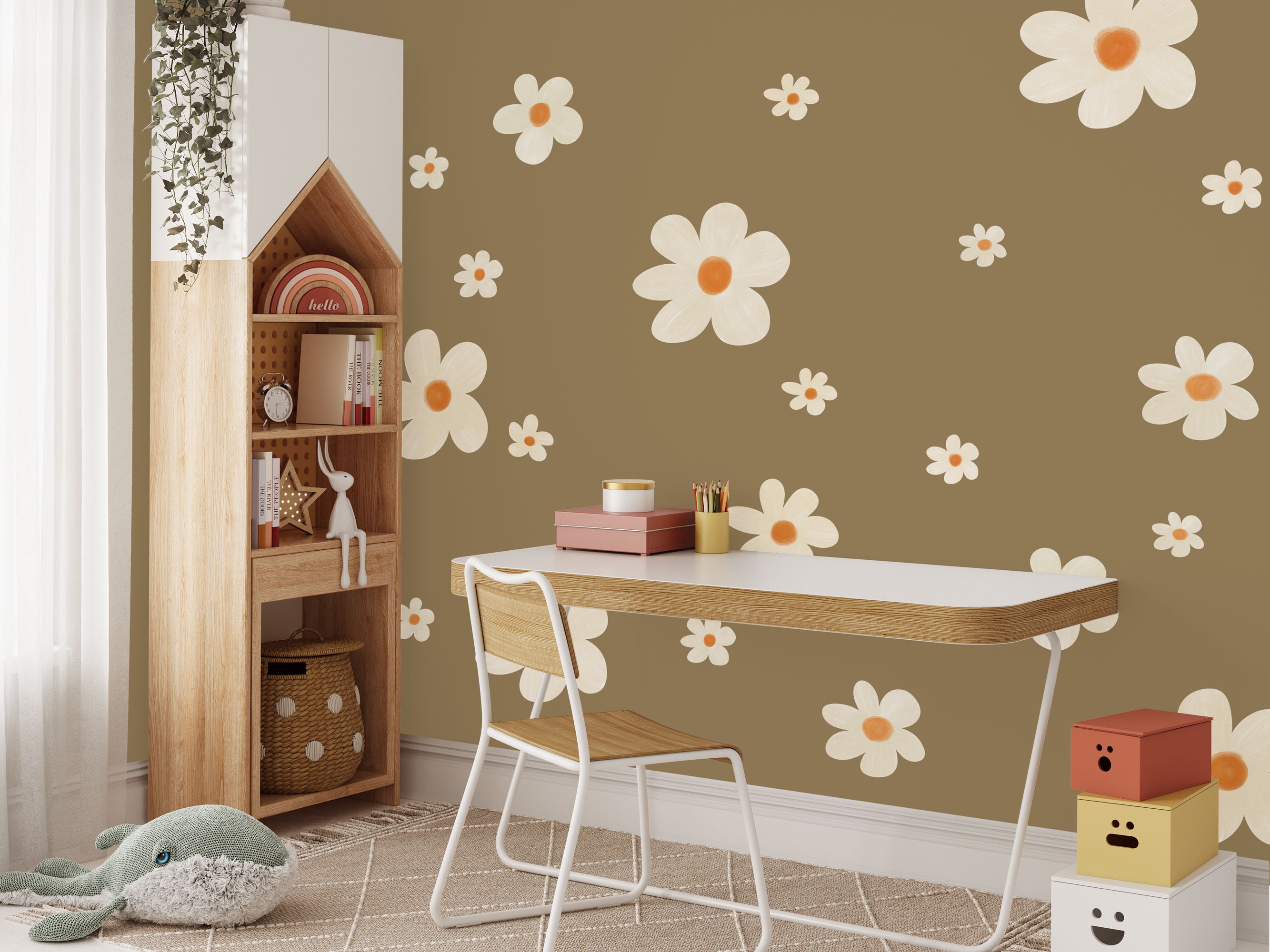 Calcomanías De Pared Con Margaritas En Acuarela, Decoración Floral Bohemia Para Habitación Infantil - WB084 - España