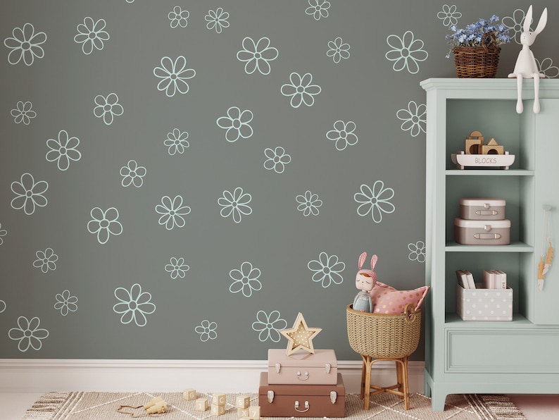 Retro Daisy Nursery Wall Decals, Boho Playroom Decor for Girls, also great for dorms and classrooms, Includes 20 Daisy Wall Decals WB041 image 2