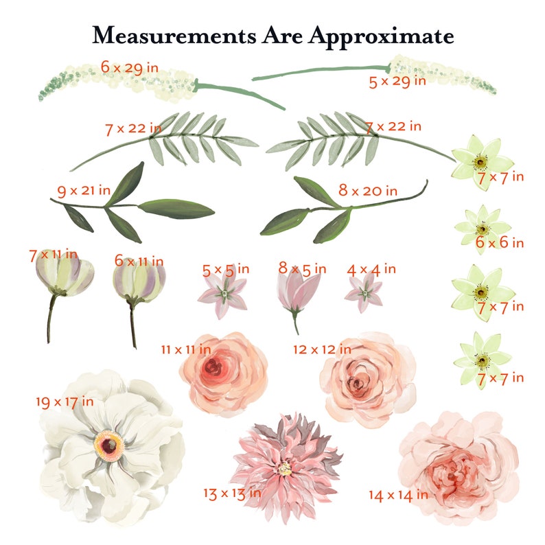 May include: A collection of floral illustrations with measurements in inches. The illustrations include various types of flowers, leaves, and branches in shades of pink, green, and white.