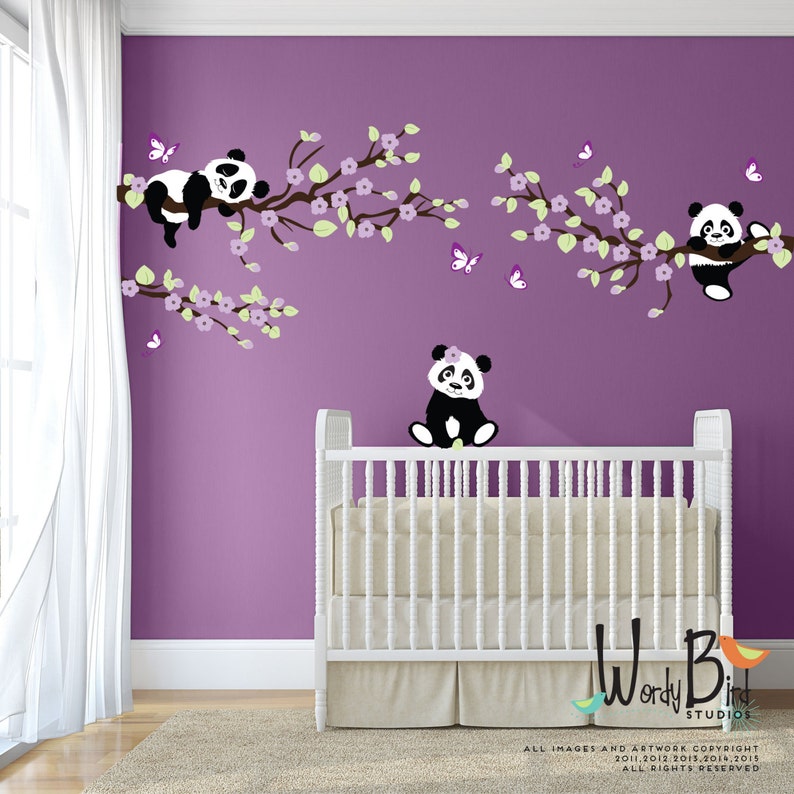 Panda Wall Decals, Tree wall decals with Cherry Blossom Branches and Butterflies, reusable kids wall decals, nursery decals WB552 image 2