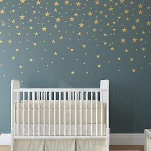 Gold Stars Wall Decals Set for Nursery Decor, Easy Peel and Stick Application, removable, matte metallic finish looks like paint - WBSTRm