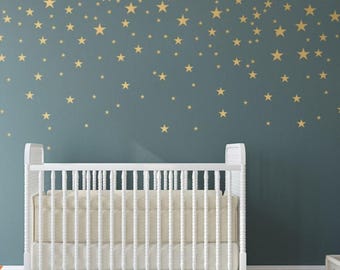 Gold Stars Wall Decals Set for Nursery Decor, Easy Peel and Stick Application, removable, matte metallic finish looks like paint - WBSTRm