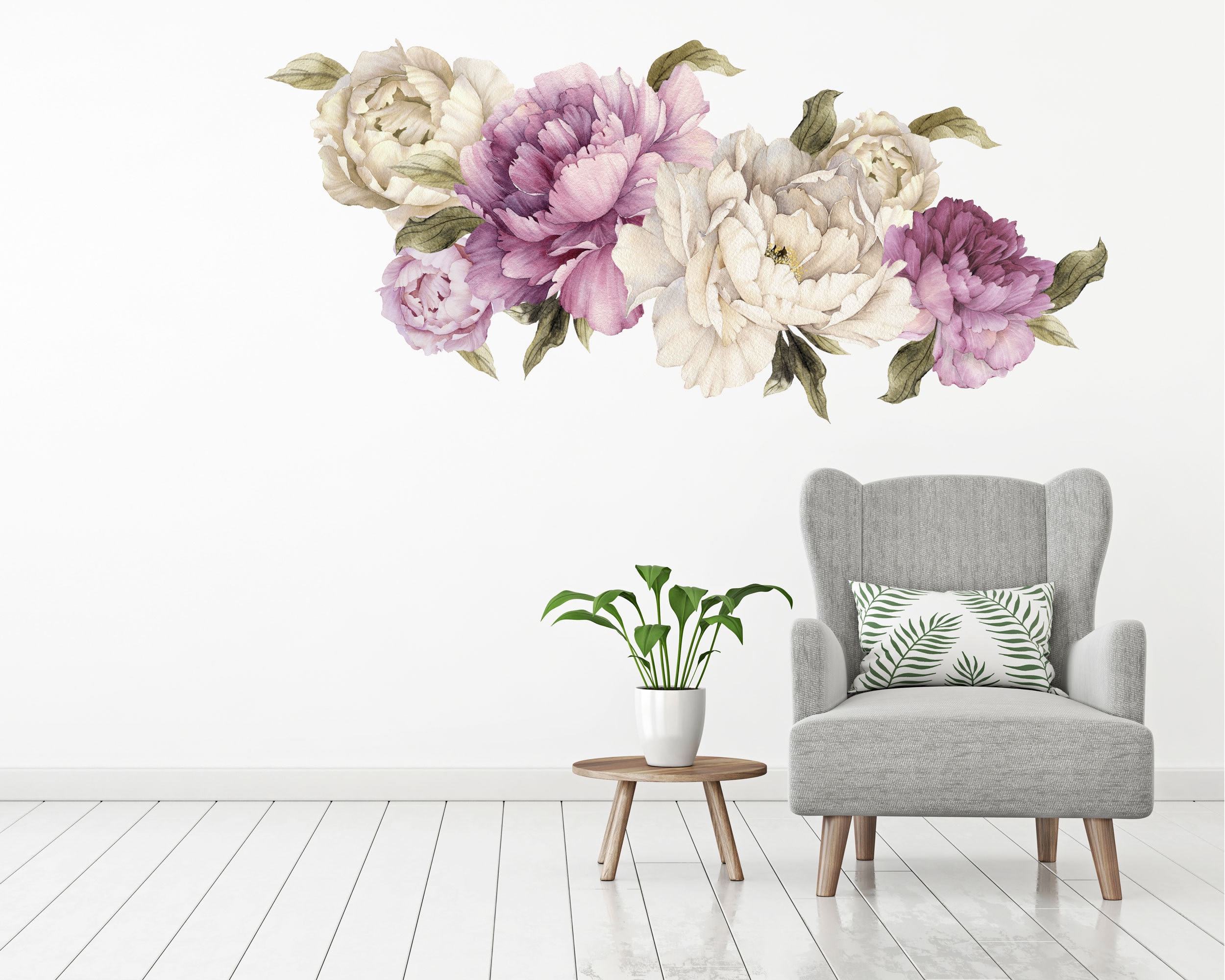 Set of 6 Purple & White Peony Flower Wall Decals Room Accent, Removable ...