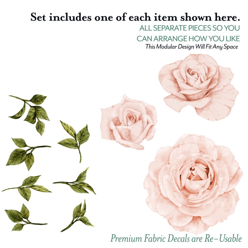 Floral Wallpaper Decals Blush Pink Roses Wall Decals Set of 3 Etsy
