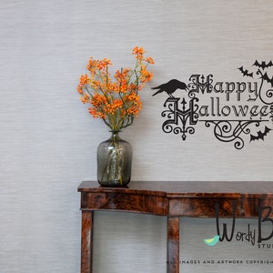 Happy Halloween wall decal with bats and raven in orange or black Halloween Decor WB705 image 3