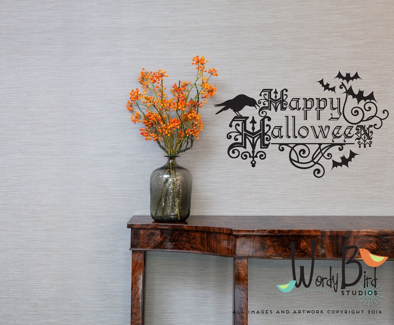 Happy Halloween wall decal with bats and raven in orange or black Halloween Decor WB705 image 3