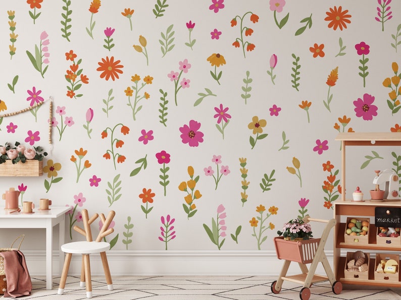 Stickers muraux fleurs sauvages, décoration de chambre d'enfant, art mural floral aquarelle, sticker mural marguerite, stickers muraux fleurs réutilisables et amovibles WB077 image 1