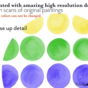 Puede incluir: Detalle de pintura a la acuarela con formas circulares y semicirculares amarillas, verdes y azules. El texto dice "Impreso con incre&iacute;bles detalles de alta resoluci&oacute;n a partir de escaneos de pinturas originales" y "primer plano".