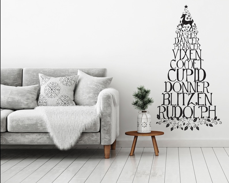 Reindeer names vinyl wall decal, Christmas tree wall decal with holly leaves and Rudolph WB726 image 2