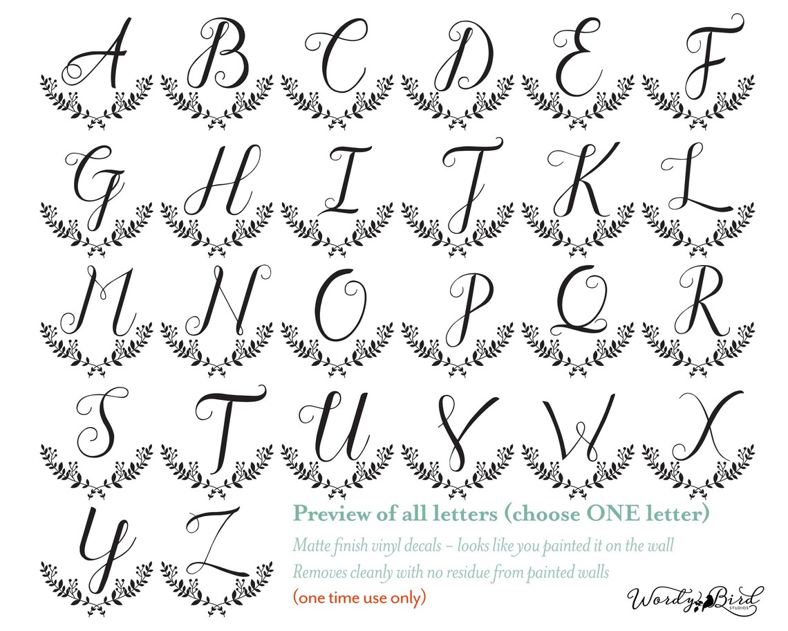 Single Letter Wall Decal Monogram with Laurel Wreath Great Etsy