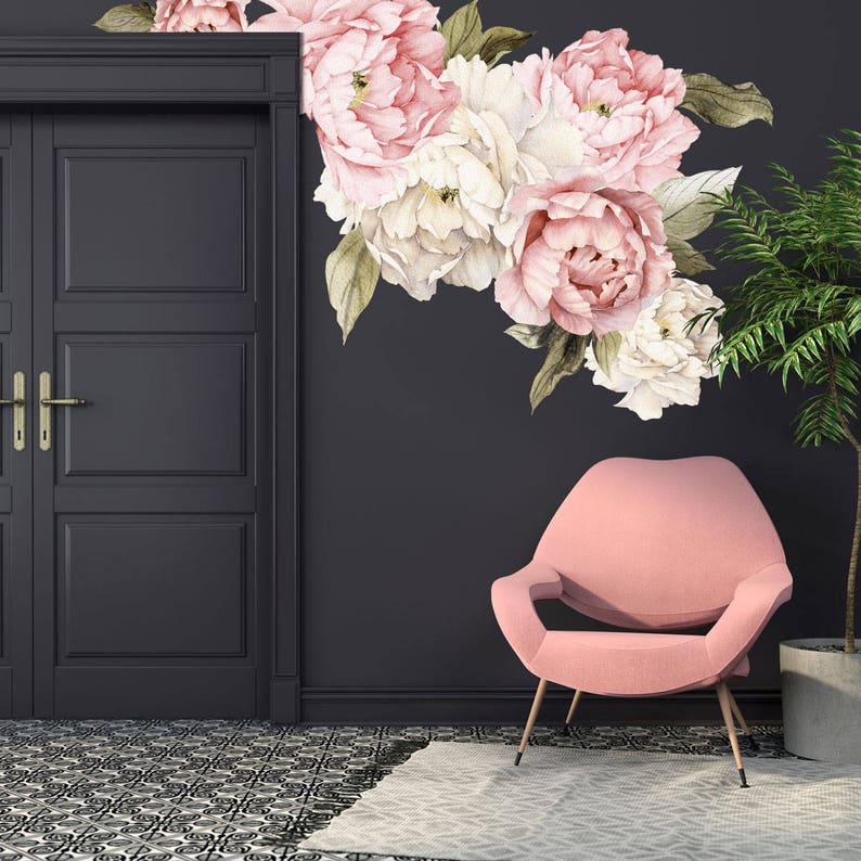 peony wall decal floral wall decals watercolor peony large | etsy