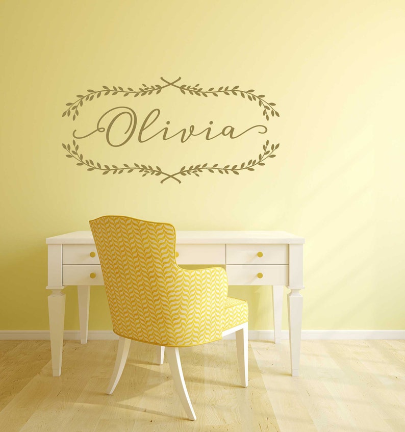Personalized Name Wall Decal With Laurel Leaf Swag Frame Etsy